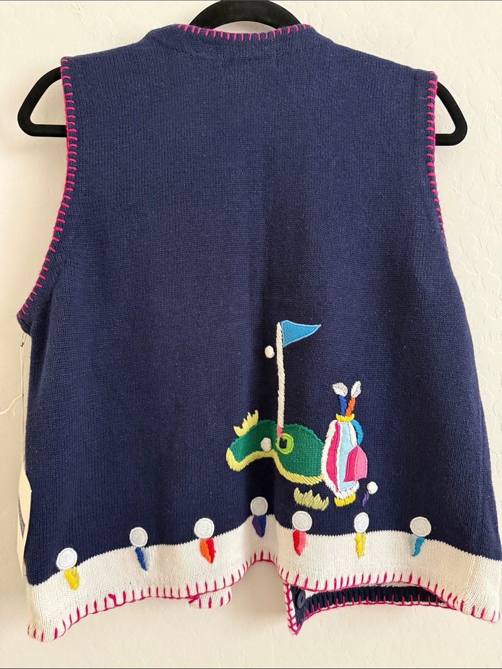BellePonte Navy Golf Themed Embroidered Vest with Pink Trim Sz M - Picture 6 of 9